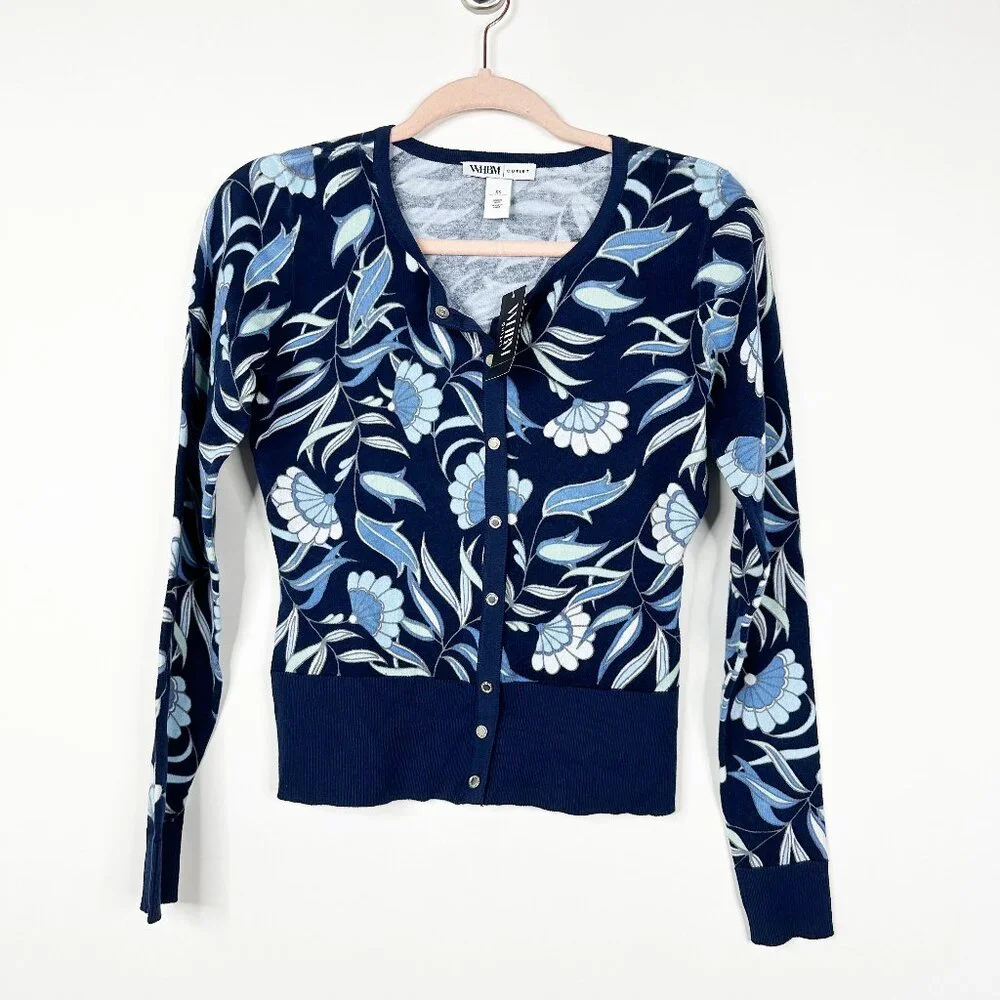 NWT White House Black Market Snap Cardigan Jacobean Bliss Twilight Navy #WHBM31